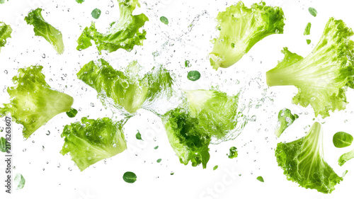 Fresh lettuce leaves with water splash isolated on a transparent background