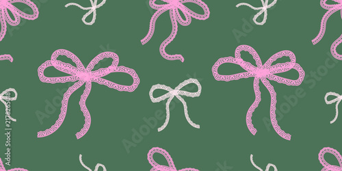 Pink and white ribbon bows seamless pattern background. Handdrawn style seamless pattern featuring delicate pink and white ribbon bows on a muted green background.