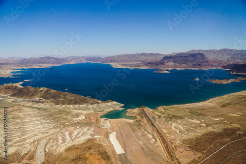 Lake Mead blue water and desert basin from above