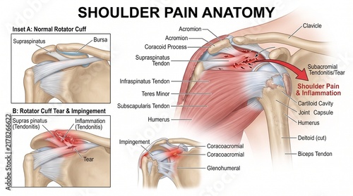 Medical Anatomy Diagram Showing Shoulder Pain And Rotator Cuff Injury With Labeled Muscle Parts
