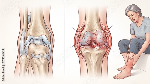 Medical Illustration Of Human Knee Anatomy And Elderly Person Suffering From Joint Inflammation