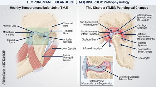 Medical Illustration Of Temporomandibular Joint Disorder Pathophysiology Showing Jaw Anatomy And
