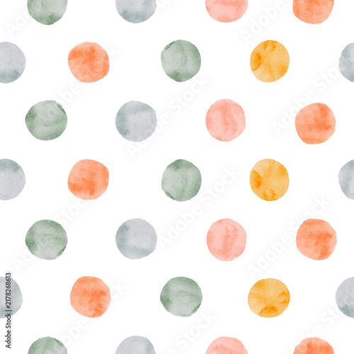 Colorful polka dots. Cute watercolor confetti. Seamless pattern.