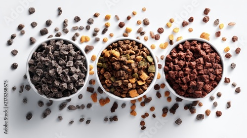 Luxury cat food presentation with wet food and crunchy kibble, clean white backdrop, realistic textures, commercial pet care photography.