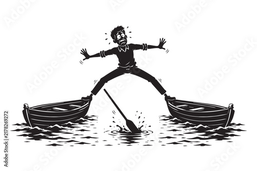 Man Trying to Balance Between Two Boats