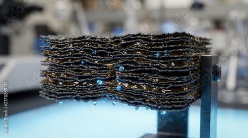 Graphene oxide membrane with polydopamine coating, stacked lamellae, nano gaps, and water transport channels for filtration and separation research.
