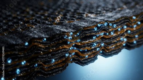 Graphene oxide membrane with polydopamine coating, stacked lamellae, nano gaps, and water transport channels for filtration and separation research.