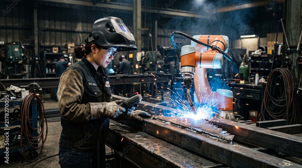 Fototapeta premium Woman wearing protective gear welding metal in a factory workshop.