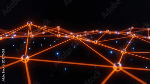 Glowing orange digital network connection nodes on black background