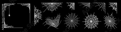 Cuadro en lienzo Halloween corner border set, white round cobwebs on black, creepy corner webs, h