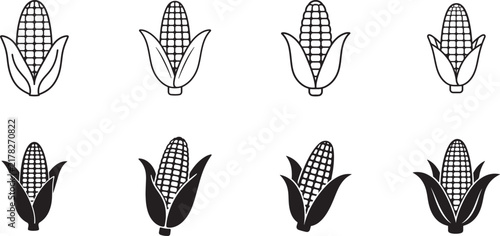 Black and white corn icon line art with bold outline and silhouette design for agriculture and food.