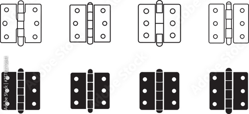 Black and white door hinge icon with bold outline and line art silhouette design for hardware use.