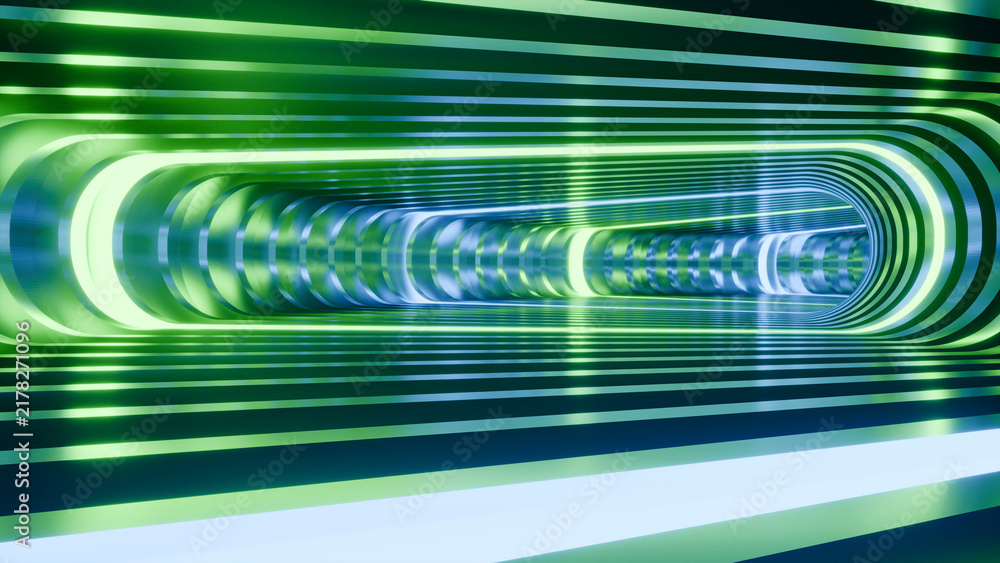 Fototapeta premium Futuristic green neon light tunnel 3D render. Ideal for gaming backgrounds, tech event posters, sci-fi themes, and digital music album covers