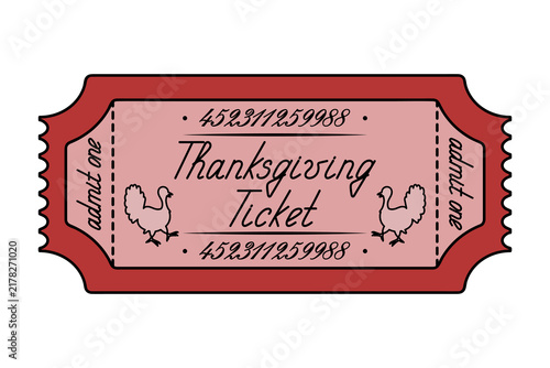 Thanksgiving red ticket. Admit one. Turkey silhouette. Color vector illustration. 