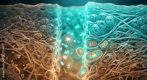 Aging tissue transforming through dna repair, telomeres, mitochondria, and stem cells in a longevity research cross-section