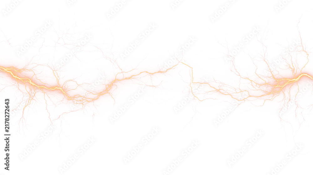 Fototapeta premium Horizontal Golden Lightning Arc With Branching Electric Bolts And Bright Energy Glow On Transparent Background