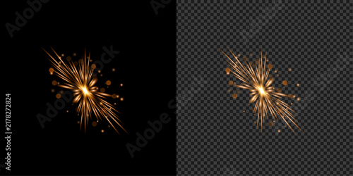 Bright glowing golden sparks from welding or grinding isolated on transparent background