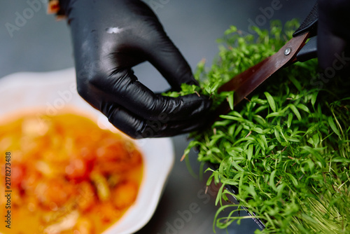 Chef Cutting Fresh Herbs with Kitchen Scissors for Food Preparation