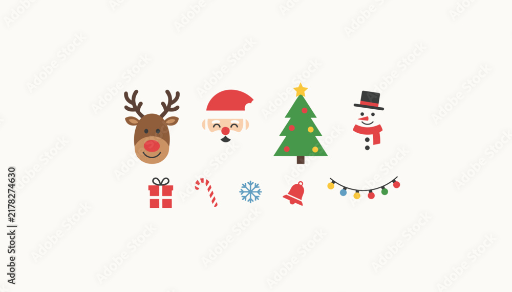 Fototapeta premium Collection of colorful Christmas holiday elements including a reindeer, Santa Claus, Christmas tree, snowman, and seasonal decorations.