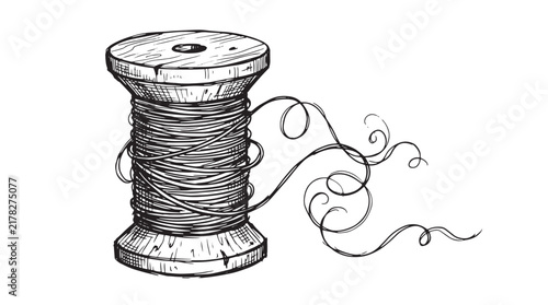 Foto Vintage wooden spool with thread, hand-drawn sewing bobbin vector, rustic tailor