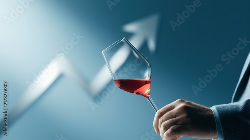 Growth and Refinement: A hand delicately holds a wine glass filled with rich red liquid, set against a backdrop of an ascending arrow graph.
