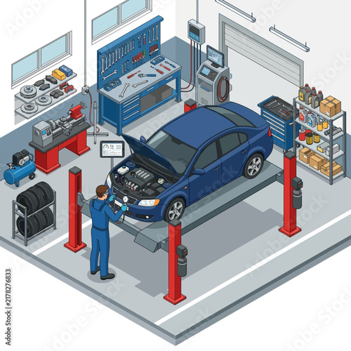 Mechanic working on a blue car on lift in auto repair shop, isometric view