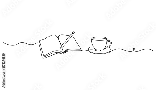 Open Book with Pencil and Coffee Cup Minimalist Continuous Line Art
