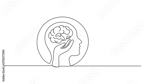 Human Head with Brain and Hand Support Minimalist Line Art