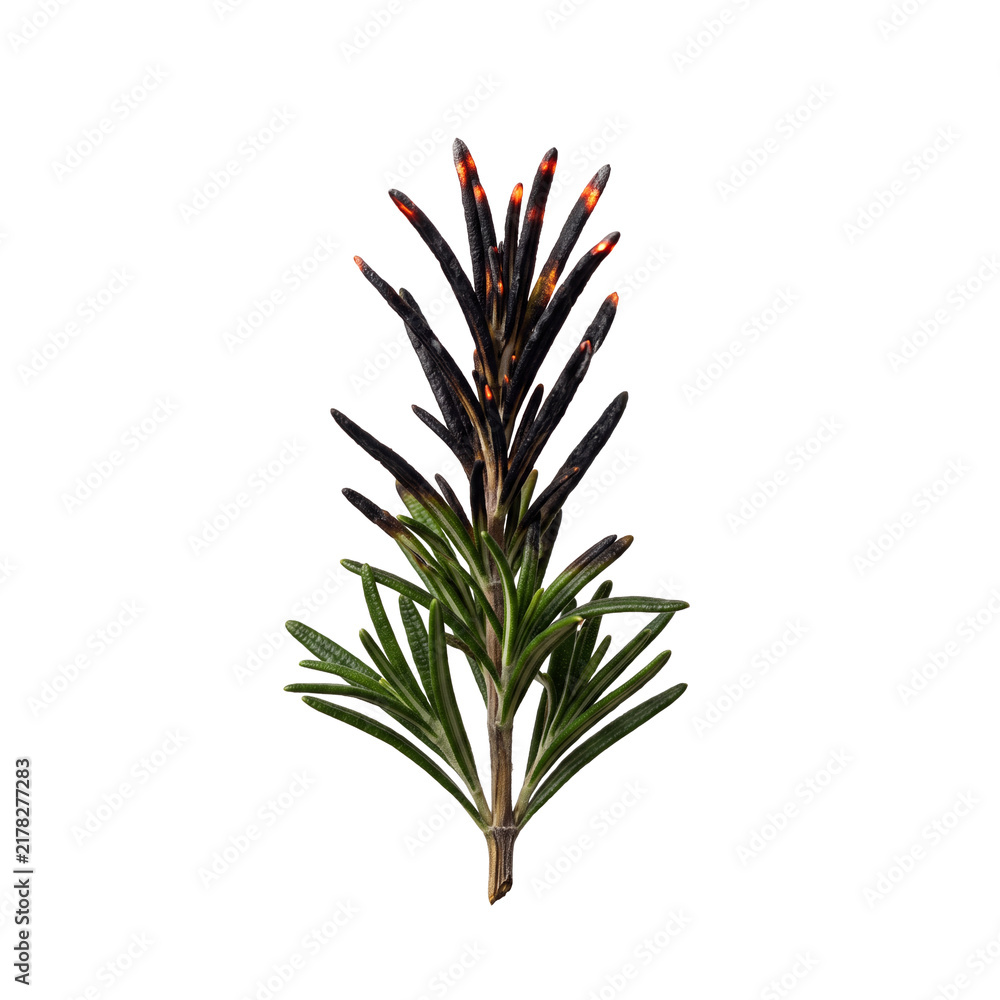 Fototapeta premium Charred fresh rosemary sprig with glowing orange embers isolated on transparent background png