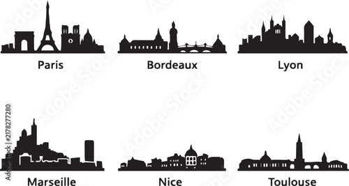 Collection of famous french city skylines featuring iconic landmarks in a minimalist black and white artistic silhouette