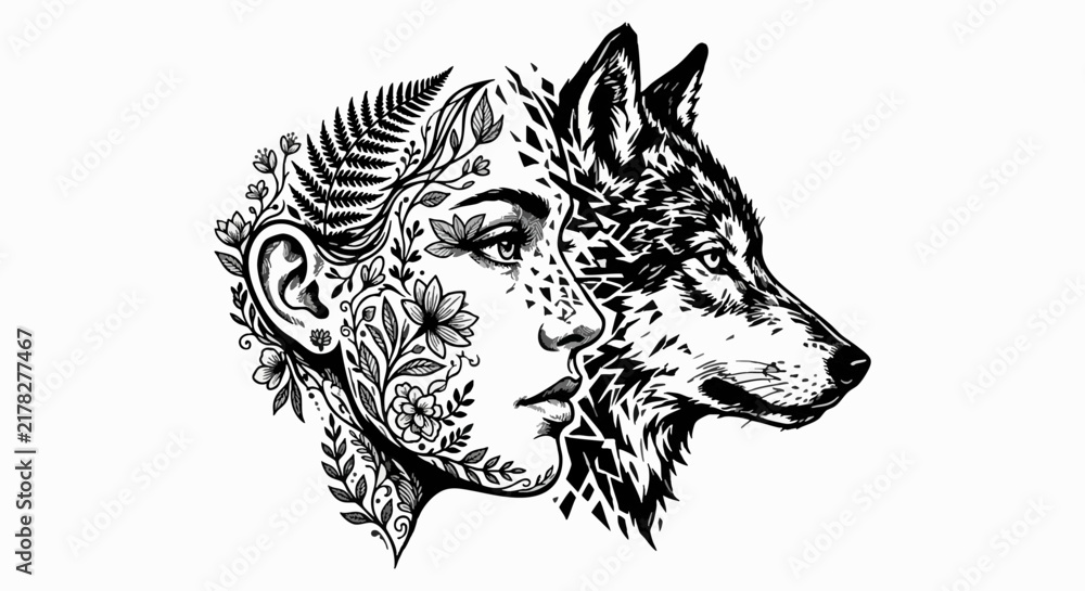 Obraz premium Woman and Wolf Profile Artistic Floral Illustration