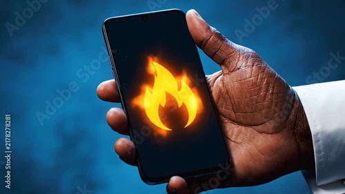 Hand holding smartphone with glowing fire icon on screen