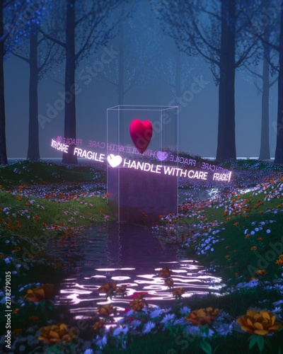 Bild auf Leinwand A delicate, glowing heart, encased in crystal within an ethereal forest, illumin