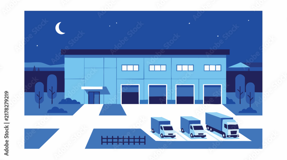 Fototapeta premium Modern industrial warehouse building under moonlight with parked delivery trucks, concept for logistics planning, supply chain management, and urban infrastructure development