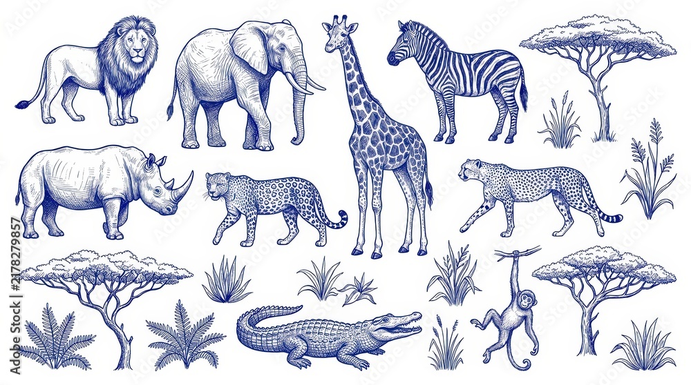 Fototapeta premium Set of african animals and plants isolated on white background