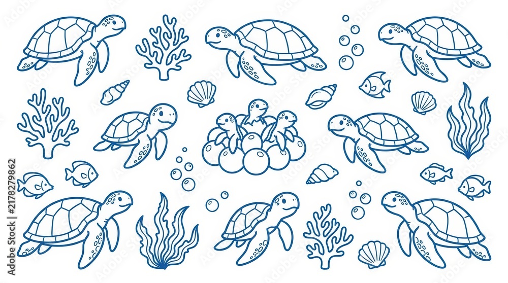 Obraz premium Cute sea turtles and marine life elements isolated on white background