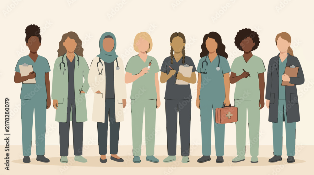 Obraz premium Group of diverse female medical doctors and nurses in scrubs