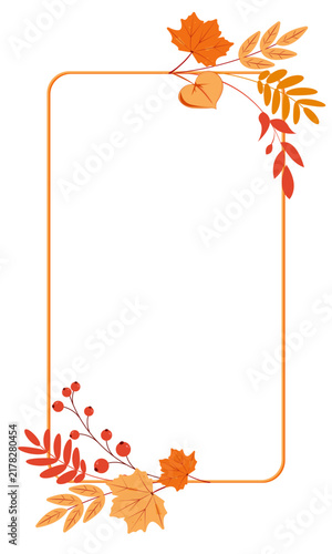 Fall foliage rectangular frame with copy space. Autumn leaves and berries border for invitation, greeting card, wedding, harvest, thanksgiving. Blank, page, paper, card, background. Vector.