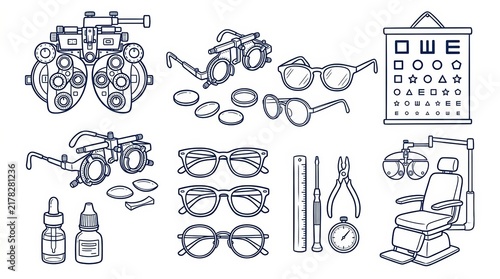 Set of optometry equipment and eye examination tools