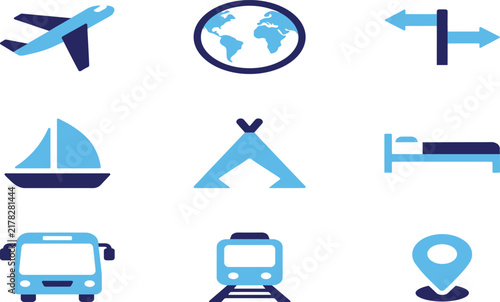 Travel and transportation icon collection featuring airplane, globe, direction sign, sailboat, mountain shelter, bed, bus, train and location pin