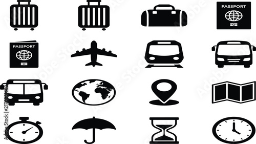 Travel and transportation icon collection featuring luggage, passport, airplane, bus, train, globe, location pin, map, clock and travel accessories