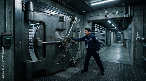 Security guard opens a large vault door inside a bank.