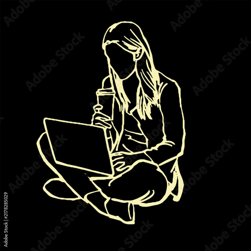 Minimal line art vector showing a young woman sitting cross-legged holding a coffee cup while using her laptop computer.