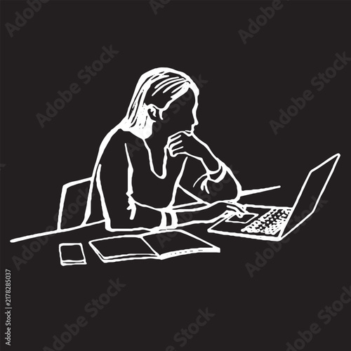 Minimalist line art illustration of a thoughtful woman sitting at her desk working on a laptop with notebook open.
