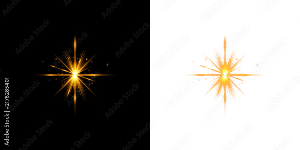Fototapeta premium Bright golden starburst light effect with glowing rays isolated on transparent background