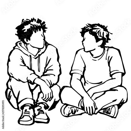 Line art sketch of two male friends sitting on the floor conversing casually in modern everyday comfortable clothes.