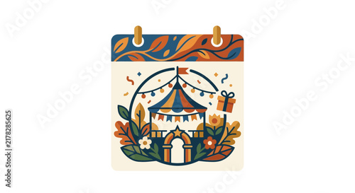 Festive celebration event calendar with tent and leaves.