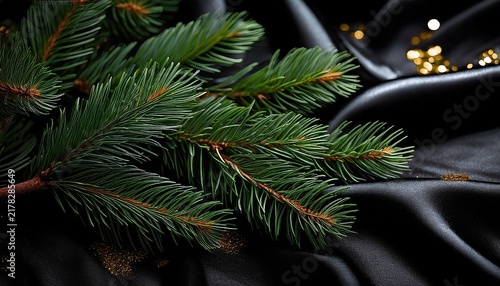 Close Up Of Pine Needles On Black Velvet With Gold Glitter