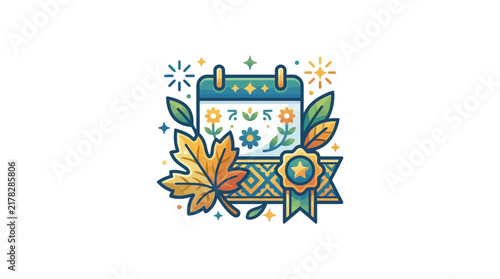 Flat autumn calendar illustration with maple leaf and medal