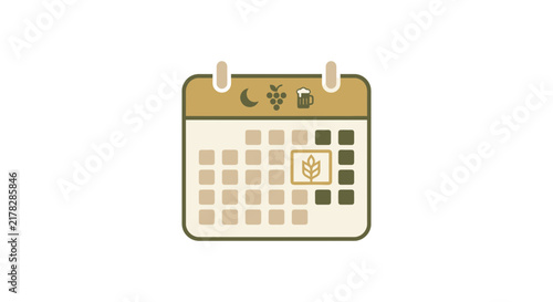 Flat calendar icon with wheat symbol marking a date.
